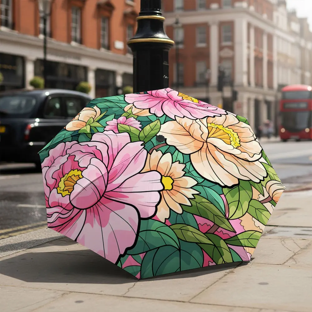 1P C Floral Umbrella Design in Front of Majestic Architecture Print 8 Iron Ribs Folding Umbrella Auto-Open Fashion Sunshade