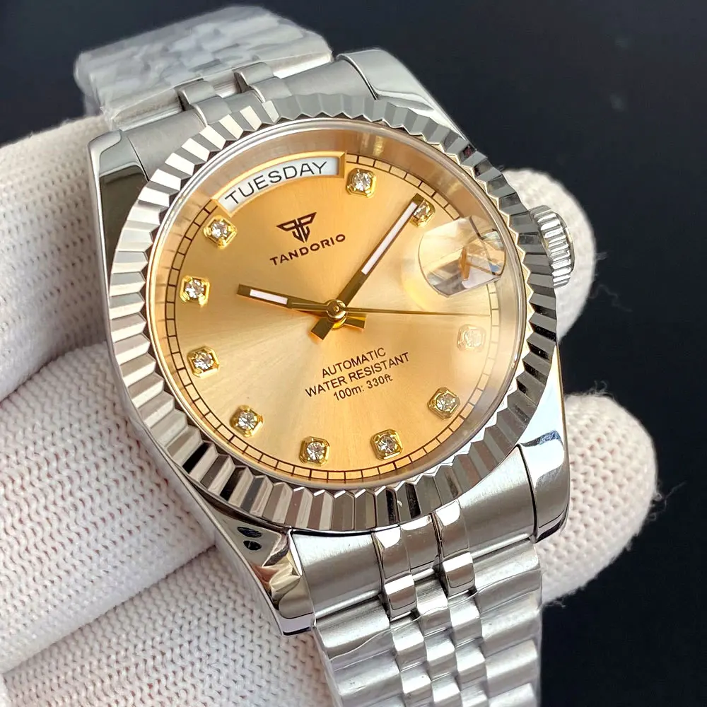 Tandorio 36mm 39mm Sunburst Red Gold Dial Diamond Index Sapphire NH36A 20ATM Diving Automatic Men Watch Stainless Steel Strap