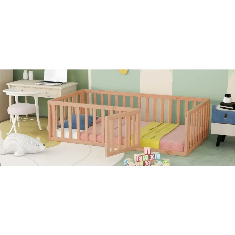 إطار سرير أرضي خشبي مزدوج الحجم مع سياج وباب طبيعي OLD SKU: WF289661AAM