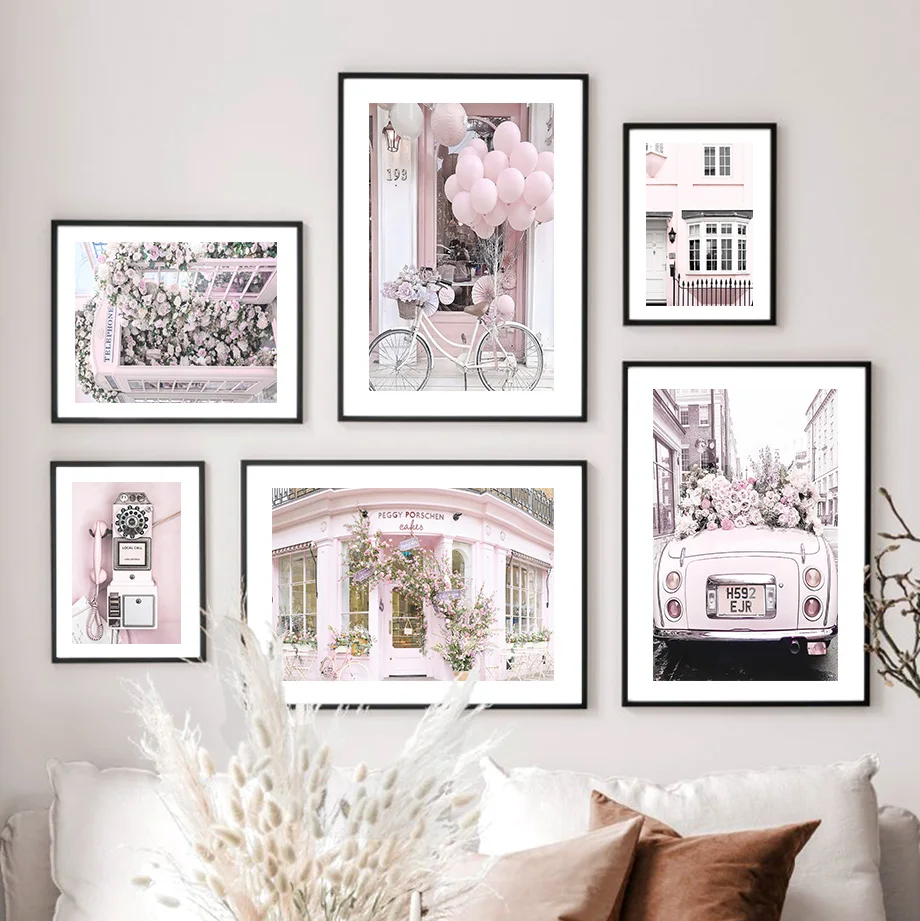 2026 New Pink Paris Tower Rose Cherry Blossom Car Store Modern Frameless Canvas – Living Room Wall Decor