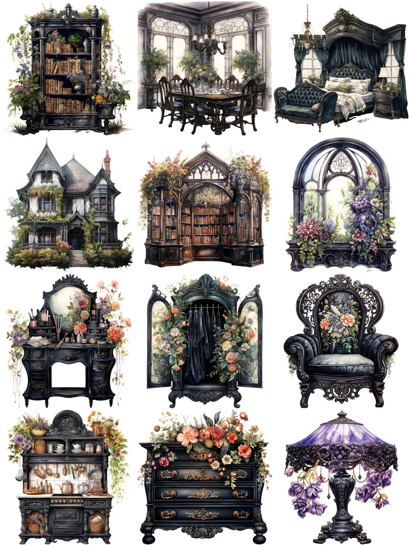 Vintage Black Victorian Furniture Stickers DIY Scrapbooking Materials Collage Junk Journal Decor Kids Toys Stickers