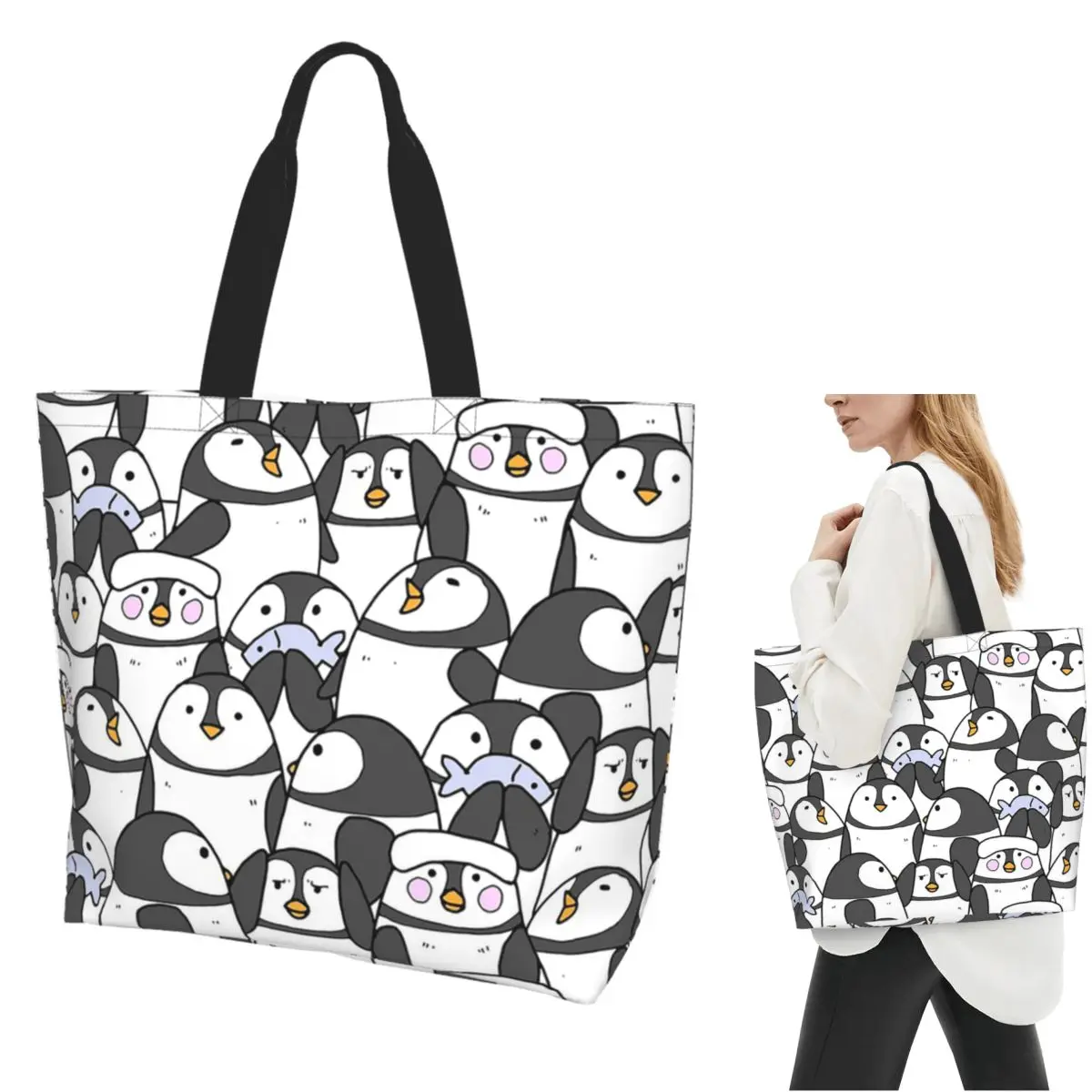 Hand Drawn Penguin Set Shopping Tote Bag Canvas Large Capacity Shoulder Bags Shopper Grocery Handbag for Women