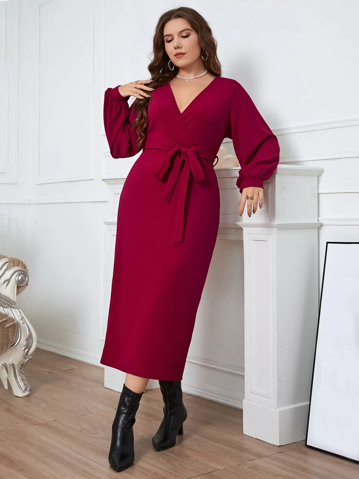 Plus Size Spring Elegant Wrap V Neck Women Dress Office Long Sleeve Solid Color Self Belt Tie Dresses 4XL Maxi Vestidos Robe