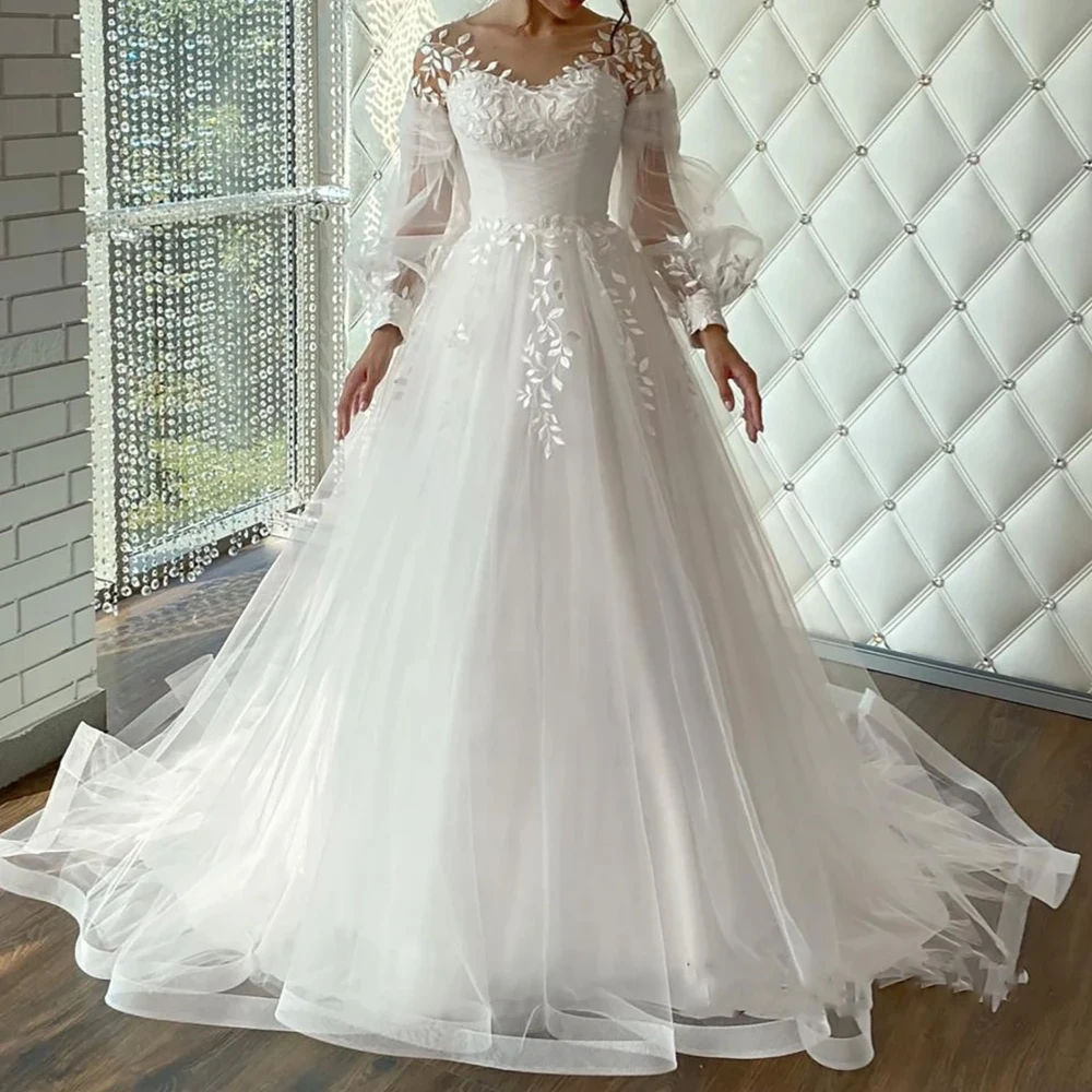 

Puff Long Sleeves Wedding Dress A-line Court Train lace-up Sweetheart Bridal Gowns Lace Appliques Tulle Robe فساتين سهرة