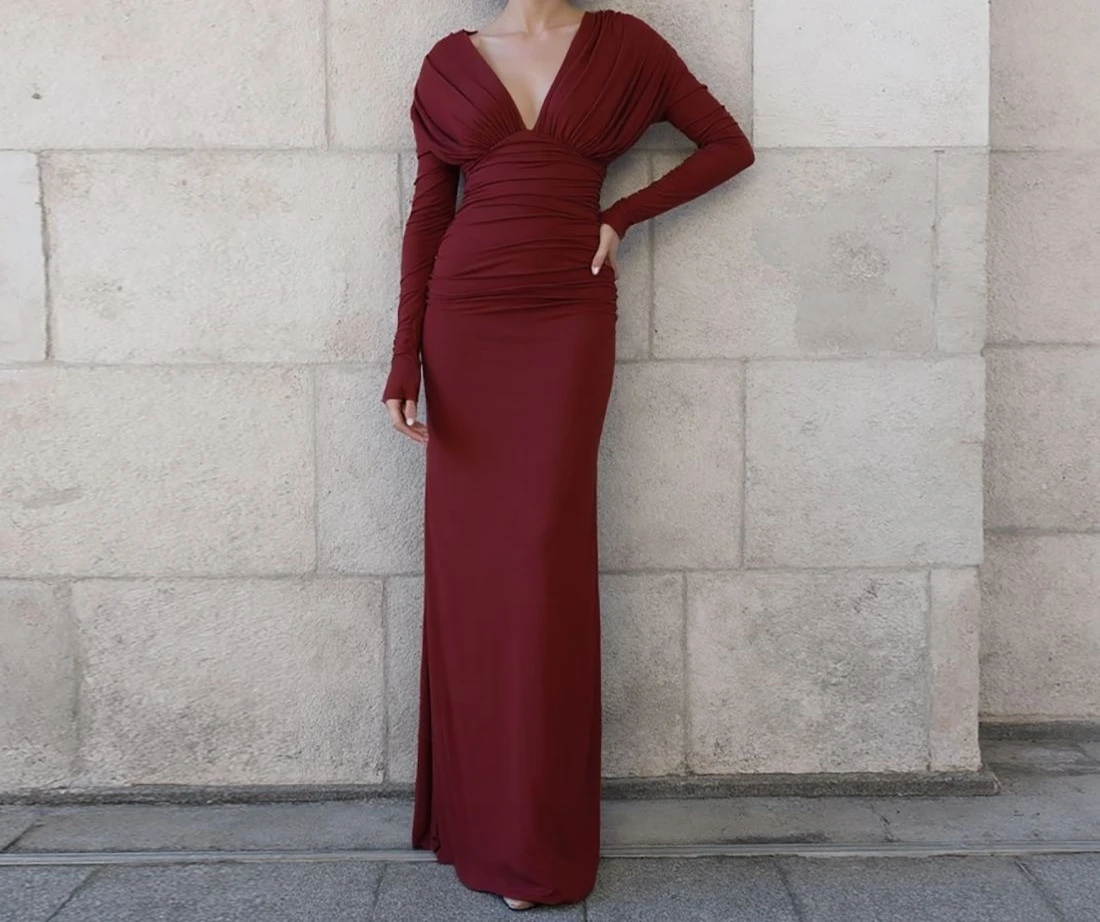 2025 Vestido sexy plisado con cuello en V y cintura ajustada para mujer