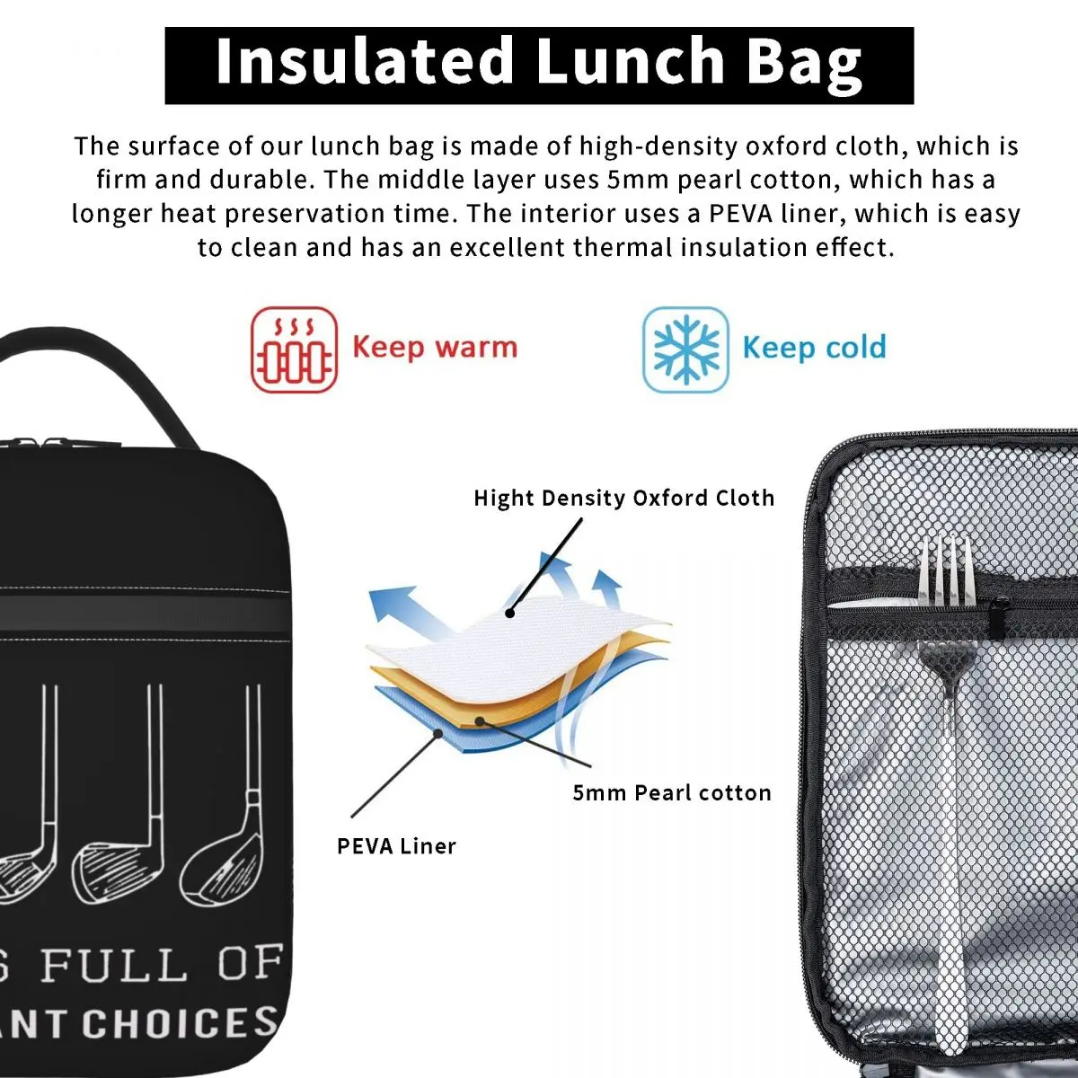 Funny Life Is Full Of Important Choices Golf Gift For Golfers Insulated Lunch Bag Leakproof Food Boxes Thermal Lunch Box Tote