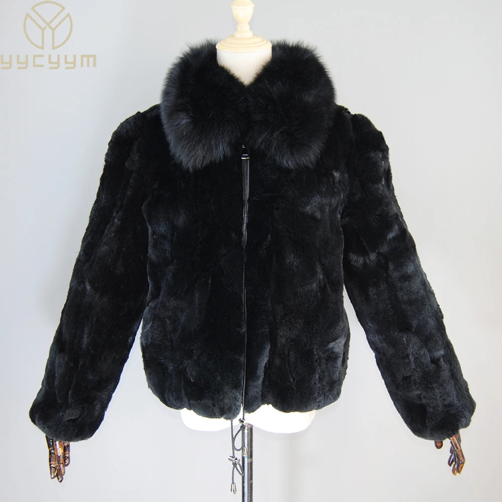 New Style Women Winter Warm Soft Quality Real Rex Rabbit Fur Coat Rex Rabbit Fur Short Jackets With Real Fox Fur Collar Overcoat