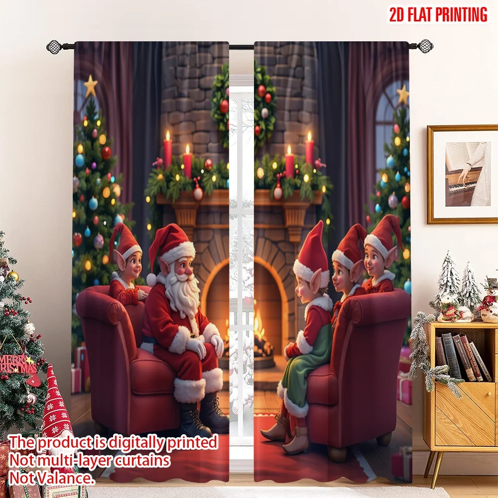 

2pcs 2D flat printing Christmas Window Curtains Santa Claus Christmas Fireplace Scene 100% Polyester Without Electricity 0