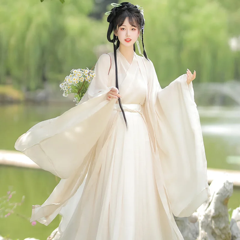 

White Hanfu women breathable light Wei Jin style cross collar and waist undershirt ancient wide sleeves elegant fairy autumn