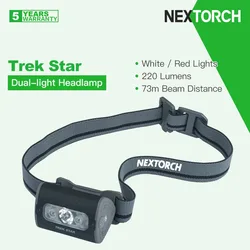 Nextorch Trek Star Multi-mode LED Headlamp, White / Red Dual-light, One-touch SOS, Light-weight,220 Lumens,100º Angle Adjustable