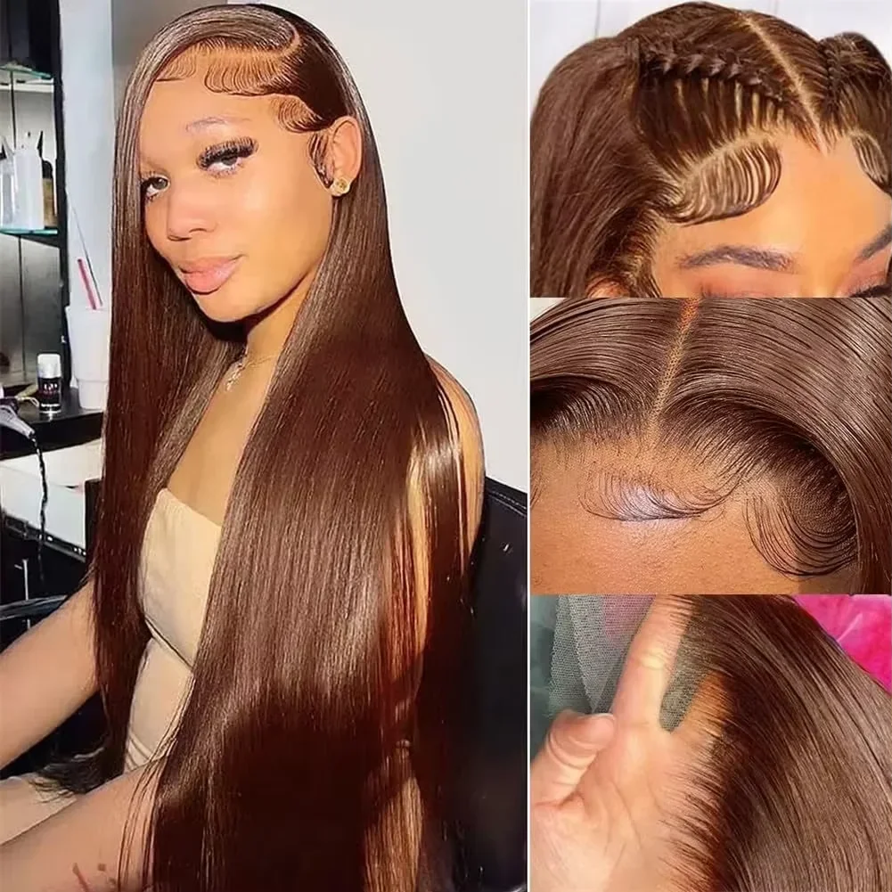 # 4 шоколадно-коричневых прямых человеческих волос, прямой парик 13x4, прозрачный кружевной фронтальный парик из человеческих волос, плотность 200% для женщин