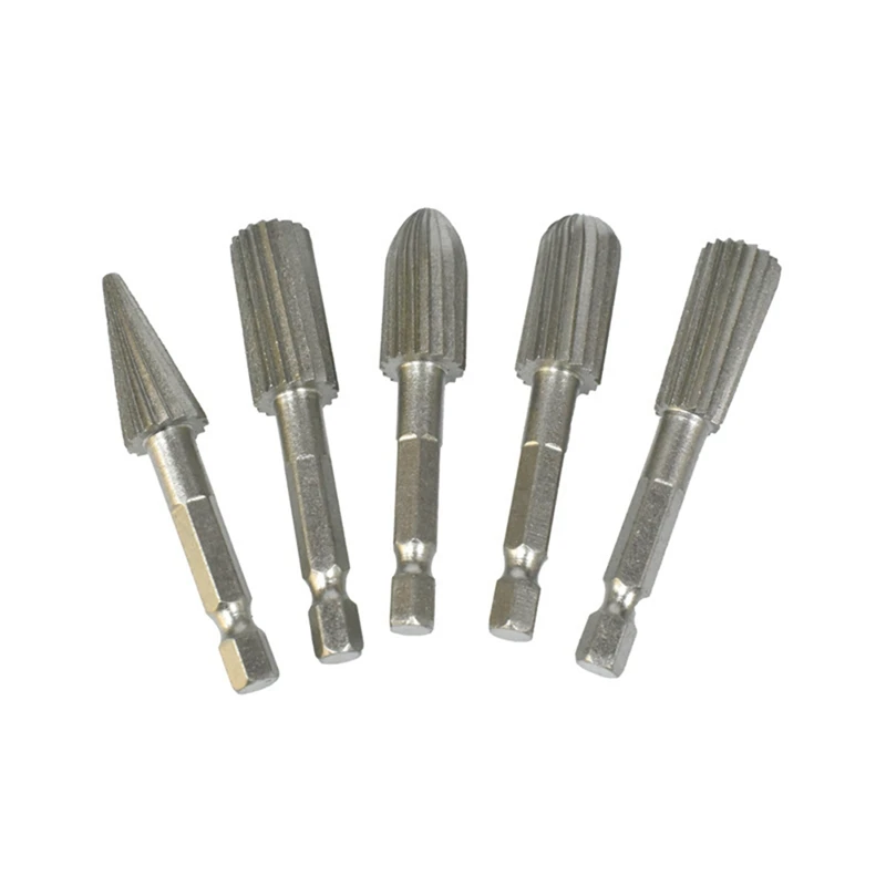 

5Piece Hexagonal Handle Electric Grinding Head High-Speed Steel Woodworking Rotary File Silver