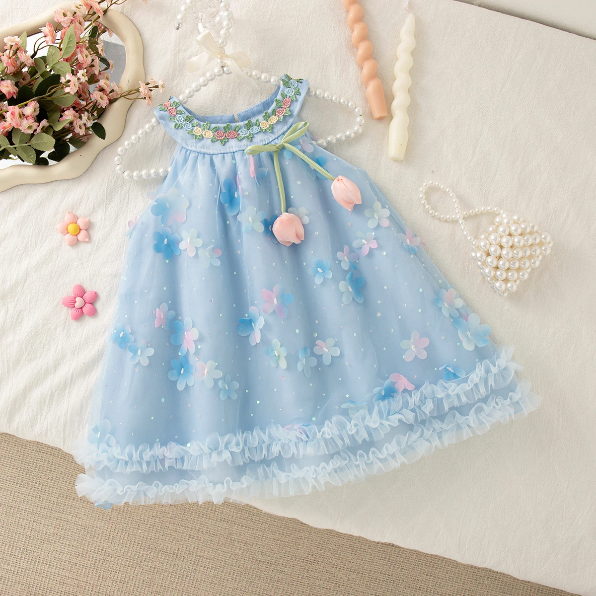

Summer New Toddler Girl Dress Flower Embroidered Bow Blue Sleeveless Gauze Dress Elegant Baby Girl Wedding Party Dress