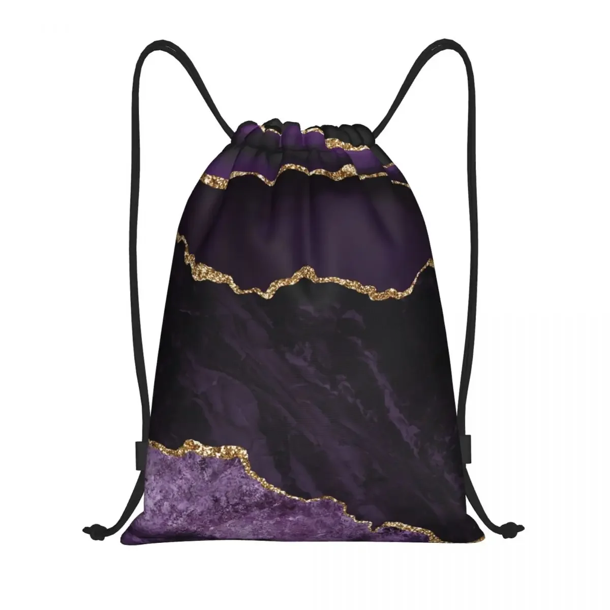 Purple And Gold Agate Drawstring Backpack Women Men Sport Gym Sackpack Portable Marble Geometric Training Bag Sack