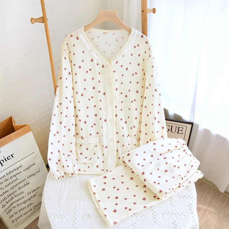Baumwolle Cardigan V-Ausschnitt Nachtwäsche Kleidung für Frauen Frühling und Herbst lang ärmel ige lange Hosen Frauen Pyjama Home Anzug – Detail 2