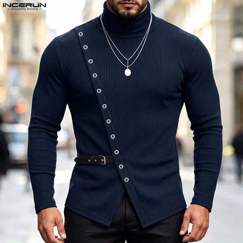 INCERUN Men's T Shirt Patchwork Turtleneck Long Sleeve Knitted Undershirt For Man Streetwear Tee Tops Fashion Casual Men Clothes
