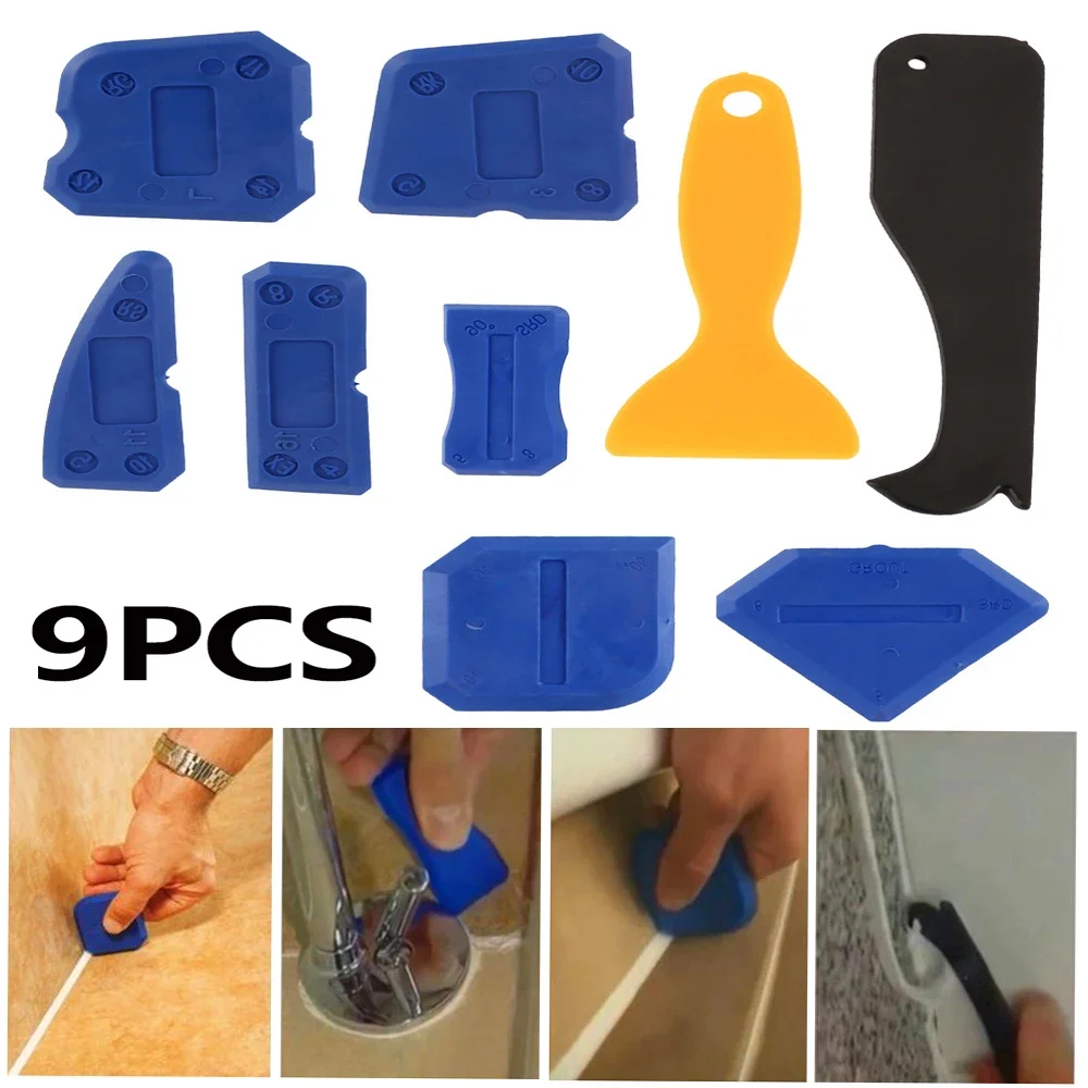 9pcs Caulking Tool Kit Plastic Sealant Finishing Tool with Multiple Shape and Size Portable Grout Scraper Multipurpose Caulk