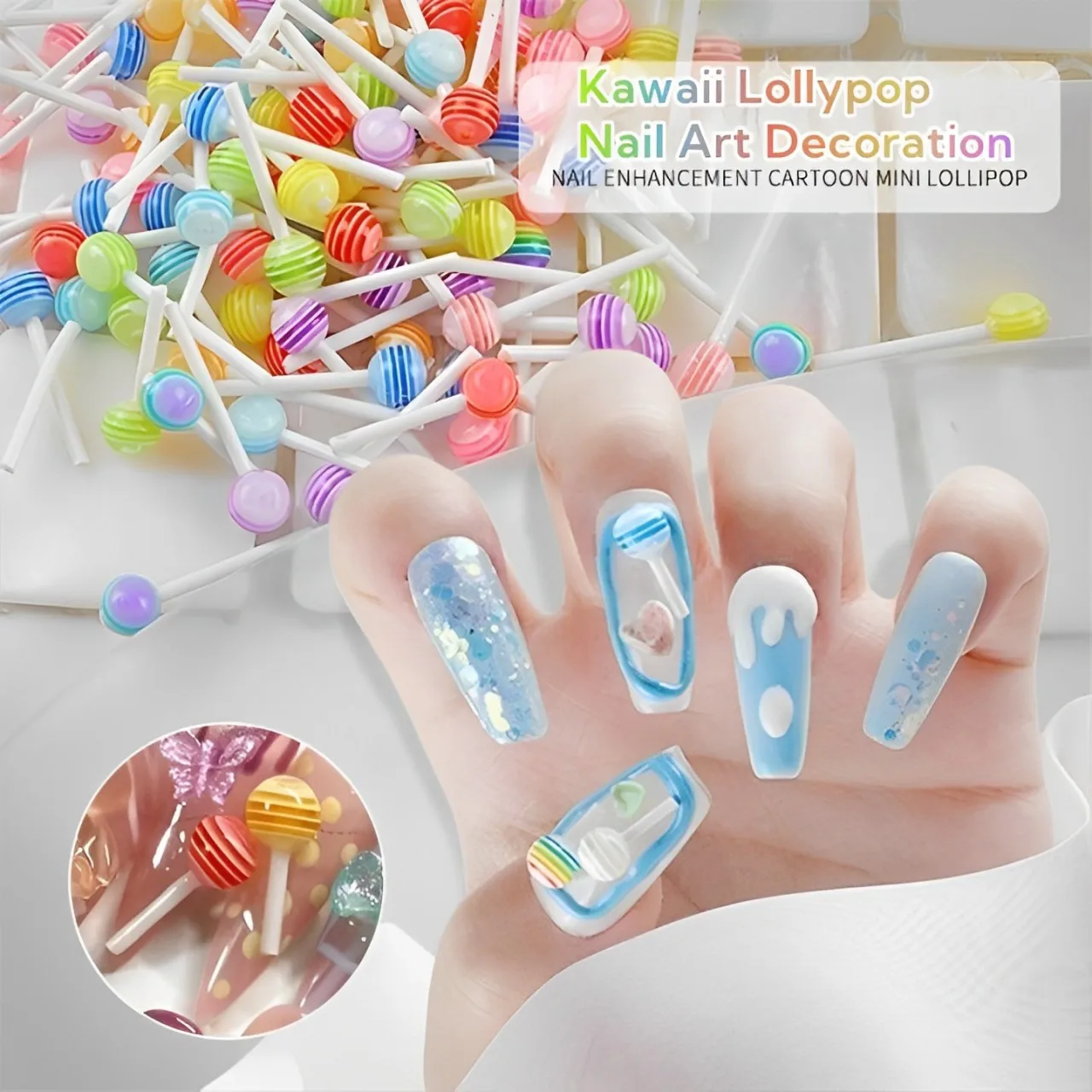 50pcs/Bag Kawaii Lollypop Nail Decoration 3D Acrylic Resin Cartoon Nail Charms 6mm Color Mixing Colorful Candy Nail Accessories