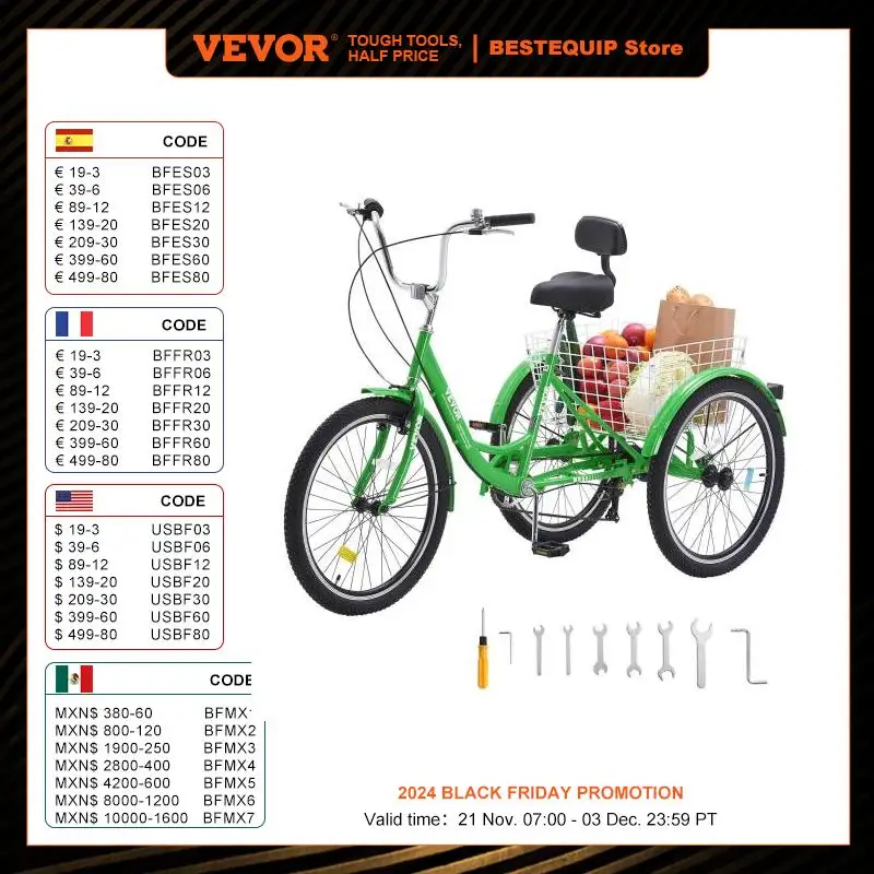 VEVOR 26 Inch Adult Tricycles Bike Three-Wheeled Bicycles Cruiser Bike Picnic Shopping Tricycles for Seniors Women Men (Green)