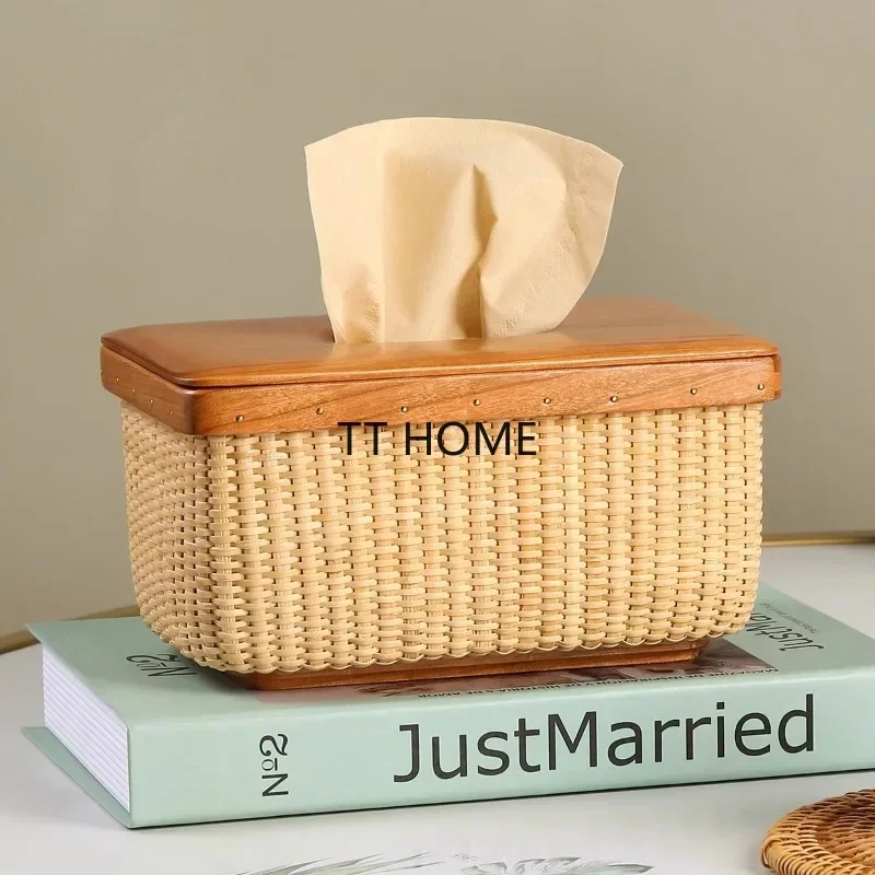 Handmade Rattan Solid Wood Tissue Box Office Hotel Home Tissue Storage Decorative Box Personality Napkin Box Coffee Table Paper