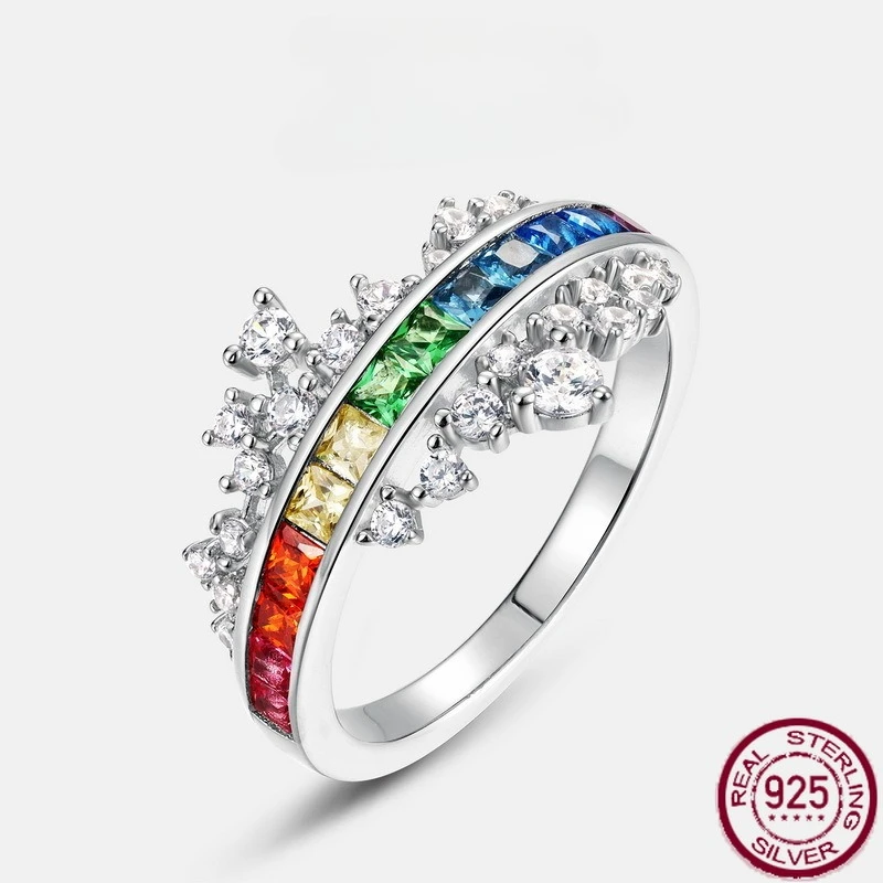 

New S925 Pure Silver Simple Rainbow Zirconia Set with Colorful Zirconia Jewelry Ring European and American Wedding Jewelry