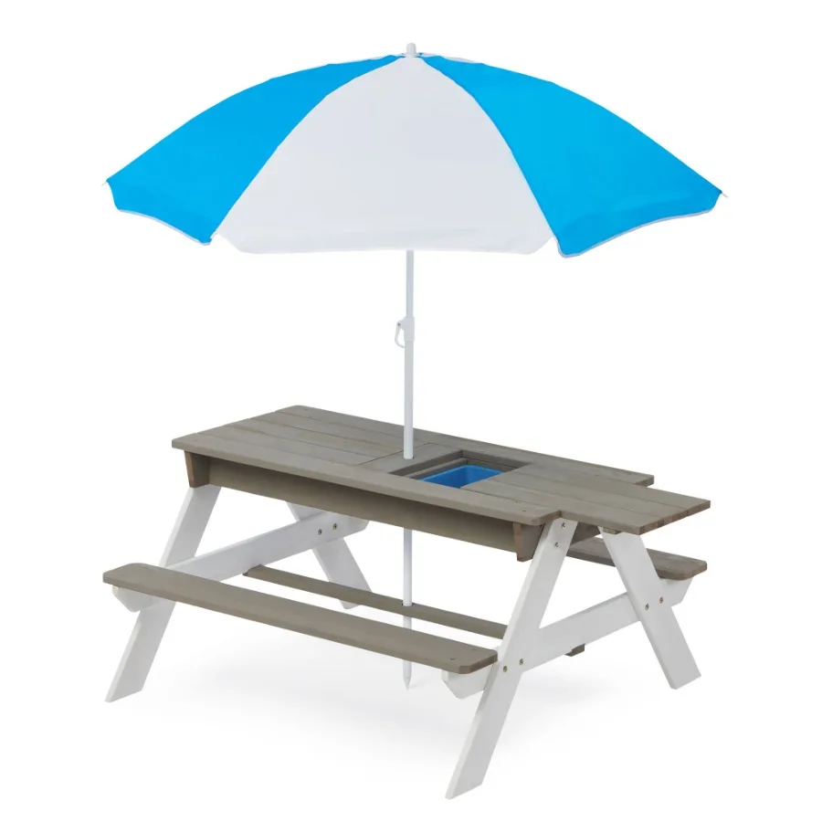 

Wooden Picnic Table Sand and Water Table with Umbrella Activity Table for Outdoor Backyard Patio Play