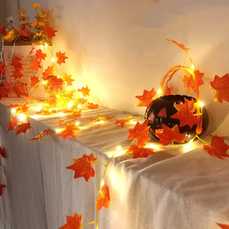 2-10m Solar Maple Leaf Vine String Lights Artificial LED Maple Vine Garland Lights for Wedding Xmas Halloween Party Room Decor