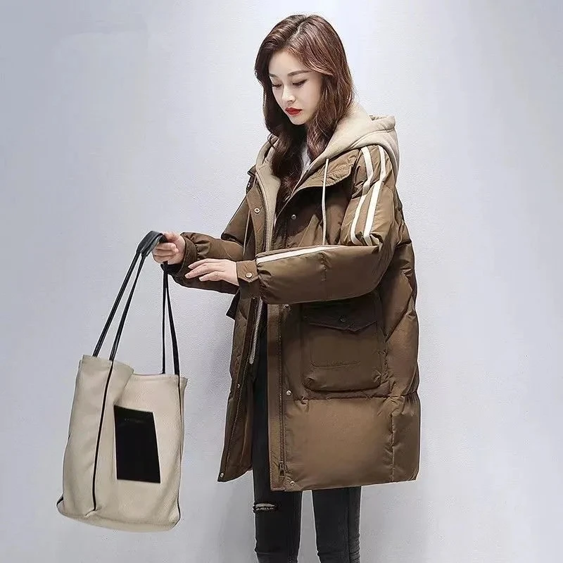 Fashion Long Down Cotton-padded Jacket Women's Winter 2024 New Loose Slim Warm Fake Two-piece Cotton-padded Jacket Tide.