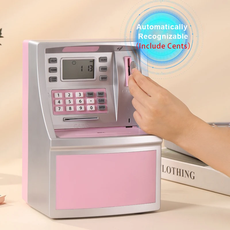 ATM Automatic Machine Piggy Bank with Large Capacity Entry and Exit, Smart Password Card Swiping, Children's Adult's Save Box