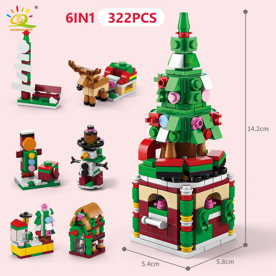HUIQIBAO 6IN1 Kerst Elanden Herten Kerstman Bouwstenen Stad Sneeuw Huis Kerstboom Bricks Set Speelgoed voor Kinderen Kids Gift