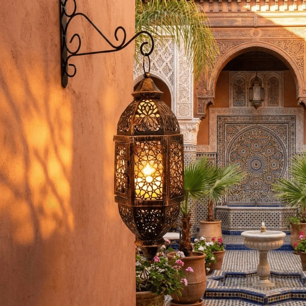 Moroccan Style Vintage Hollow Candlestick Luxury Decorative Metal Hollow Lantern Metal Frame Candle Lantern Atmosphere Props