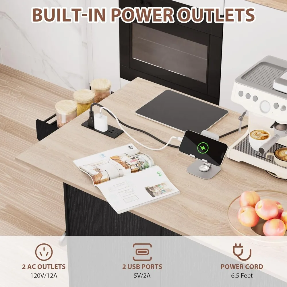 جزيرة مطبخ محمولة مع مساحة تخزين وأوراق متدلية، وعربة دوارة مع سلة مهملات مدمجة ومخرج طاقة #3