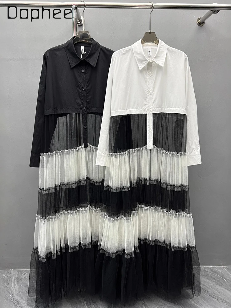 Japanische Straße Persönlichkeit Trendy Mesh Patchwork Hot Girl Farbblock Kleid Trendy Langarm Hemd Mittellanges Kleid für Frauen