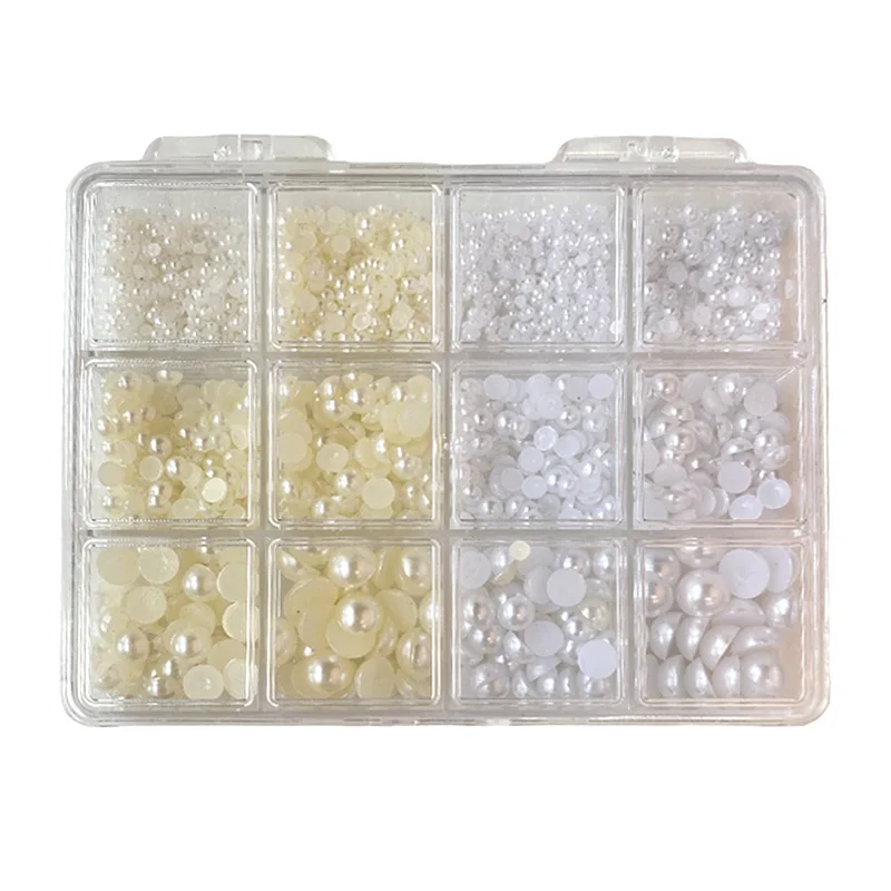 TSZS 12 Siatek/Pudełko Mieszanka Perłowa Rozmiar Żywica Ozdoby do Paznokci 3D Białe Srebrne Złote Koraliki Dekoracje do Paznokci