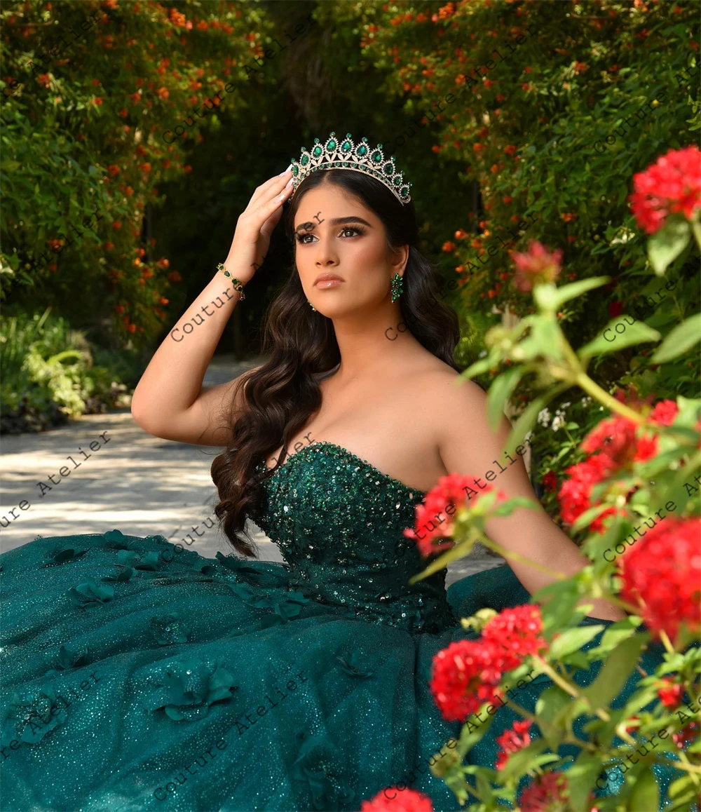 Vestido verde brillante con flores en 3D, vestido de quinceañera con escote Corazón, vestidos de tul para fiesta de cumpleaños con cuentas, dulce 16, de 15 años, 2024