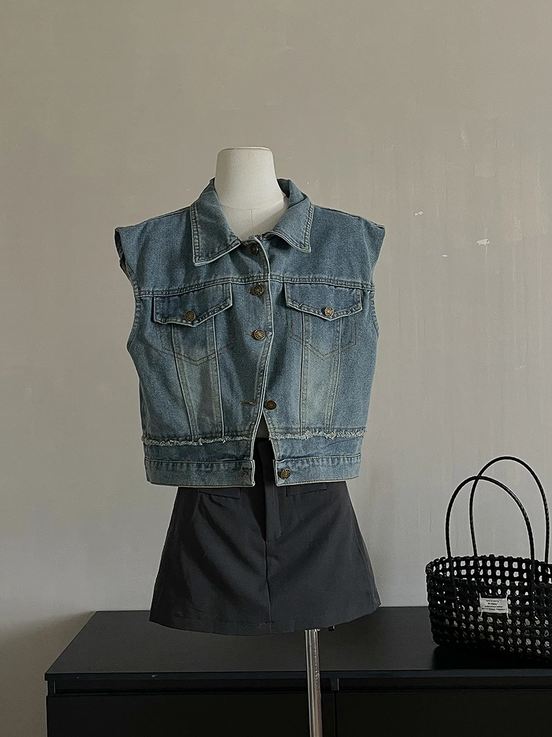 

Wedbleser Preppy Style A-line Half Length Skirt 2025 Summer New Girls Clothing Loose Temperament Sweet Cool Cowboy Shirt Vest