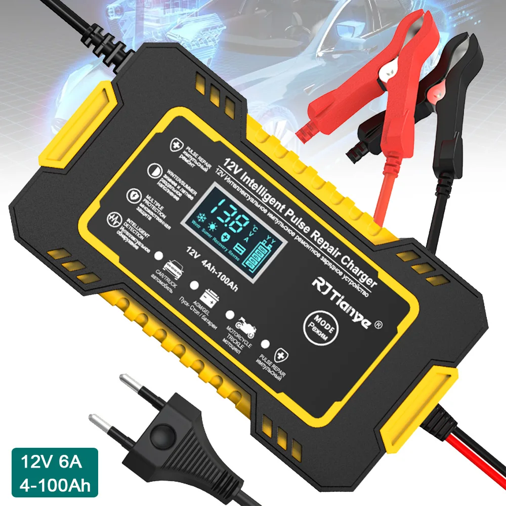 12V 6A Full Automatic Pulse Repair Battery-chargers Digital LCD Display Car Battery Chargers AGM GEL WET Lead Acid 4-100AH