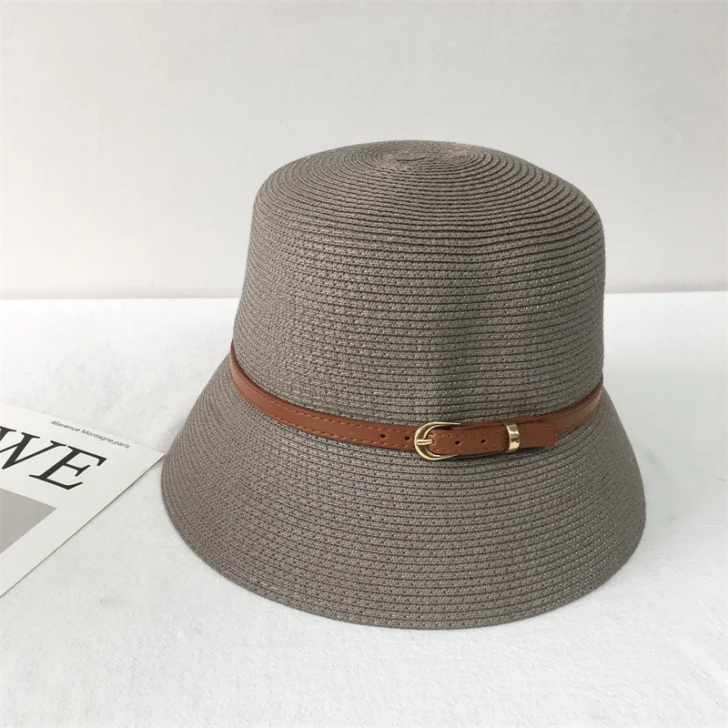 Summer straw woven breathable flat top bucket hat high quality Japanese lady wind belt buckle fashionable shade lamp hood hat