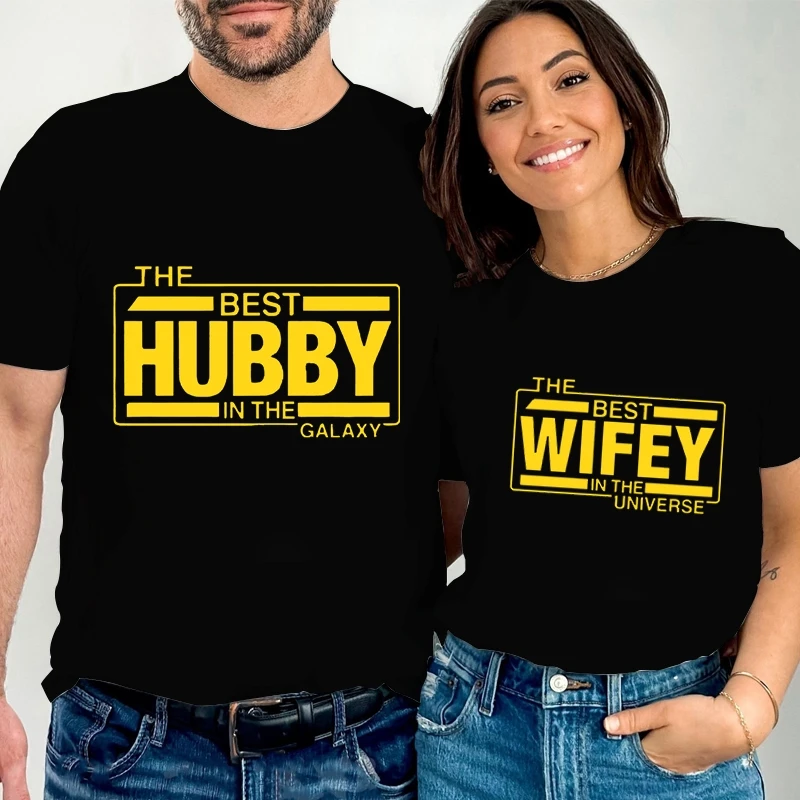 Couples Matching T-Shirt The Best Hubby in The Galaxy/The Best Wifey in The Universe T Shirt Woman Tops Funny Lovers Tee Shirt