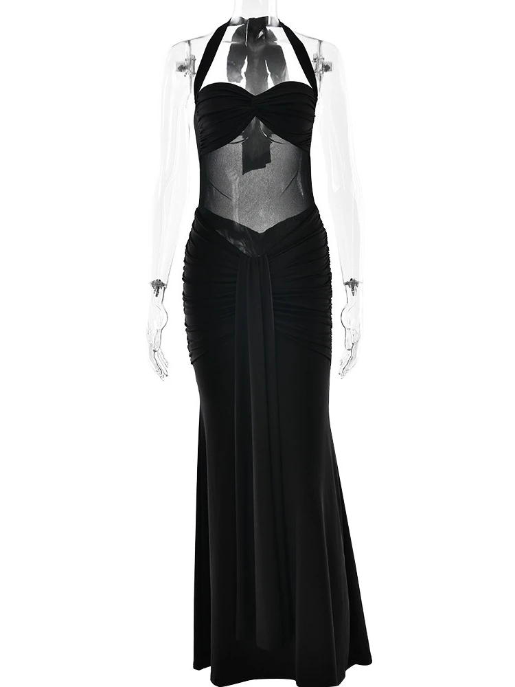 EOENKKY Halter Backless Sexy Maxi Dress Women Fashion Patchwork Off-shoulder Sleeveless Ruched Draped Bodycon Club Party Dress