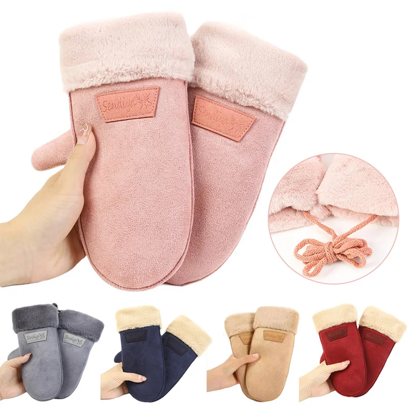 

1Pair Female Women's Gloves Thickened Plush Solid Color Mittens Gloves Plus Velvet Mittens Neck Hanging Winter