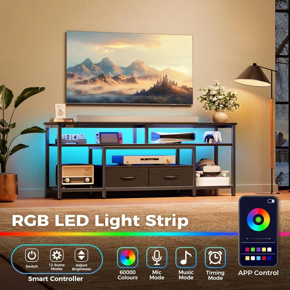 Stojak pod telewizor na telewizory 55-60 cali, centrum rozrywki z gniazdami zasilania i oświetleniem LED, konsola pod telewizor 54-calowy do salonu, M