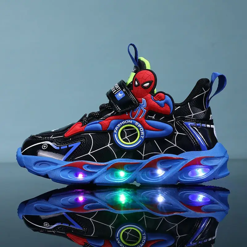 Disney-zapatos deportivos con luces LED para niños, zapatillas de cuero antideslizantes para correr, con dibujos animados, talla 25-35, para otoño