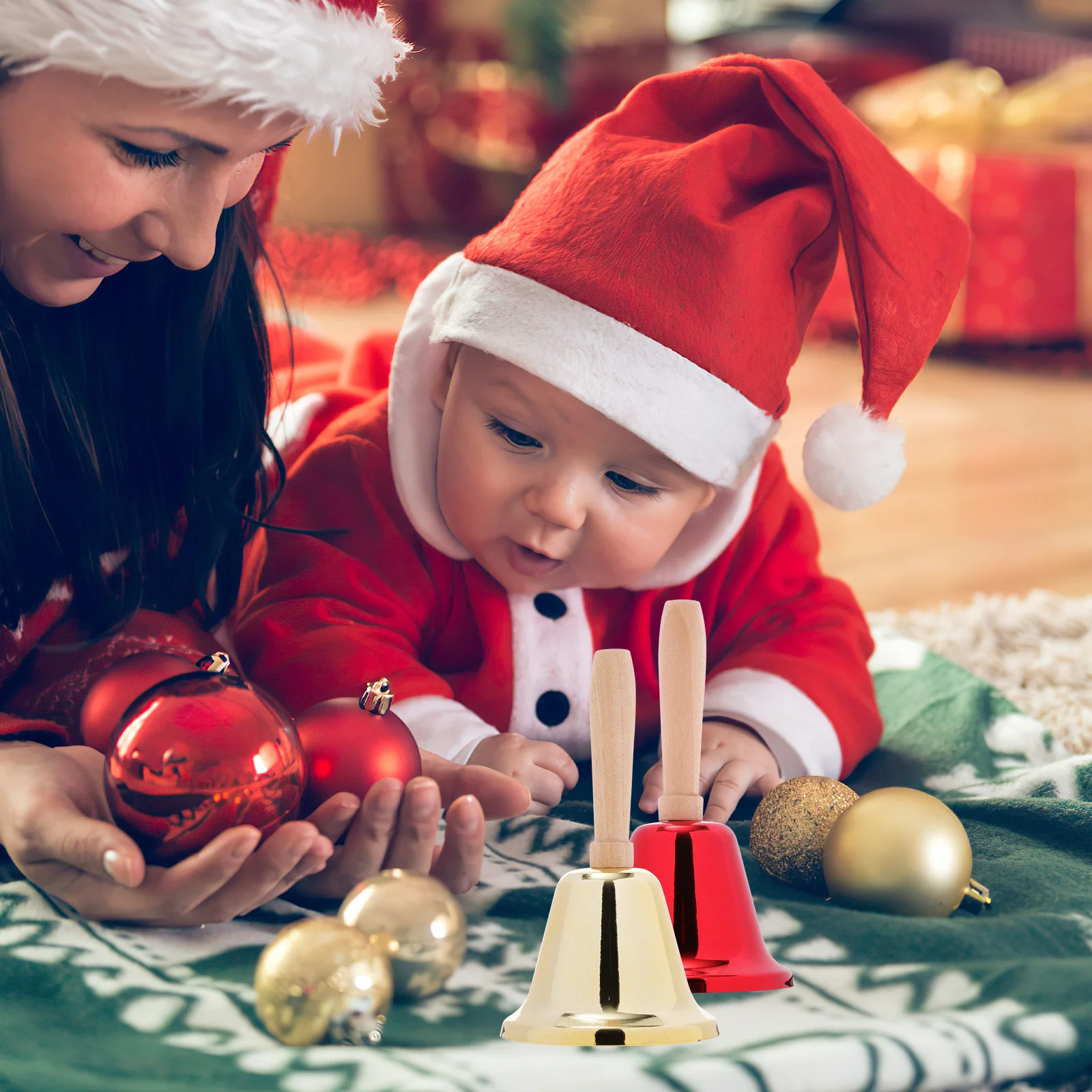 2 pçs ornamentos vintage para árvore de natal alça de madeira chocalho novo estilo simples halloween vermelho metal suprimentos bebê