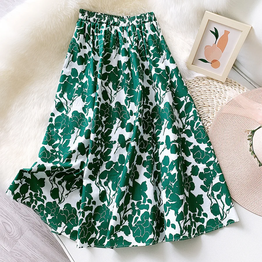 

Vintage Floral Printed Cotton Midi Long Skirt Women 2021 Summer Sexy High Waist Casual Loose Pleated A-line Skirt Swing Sundress