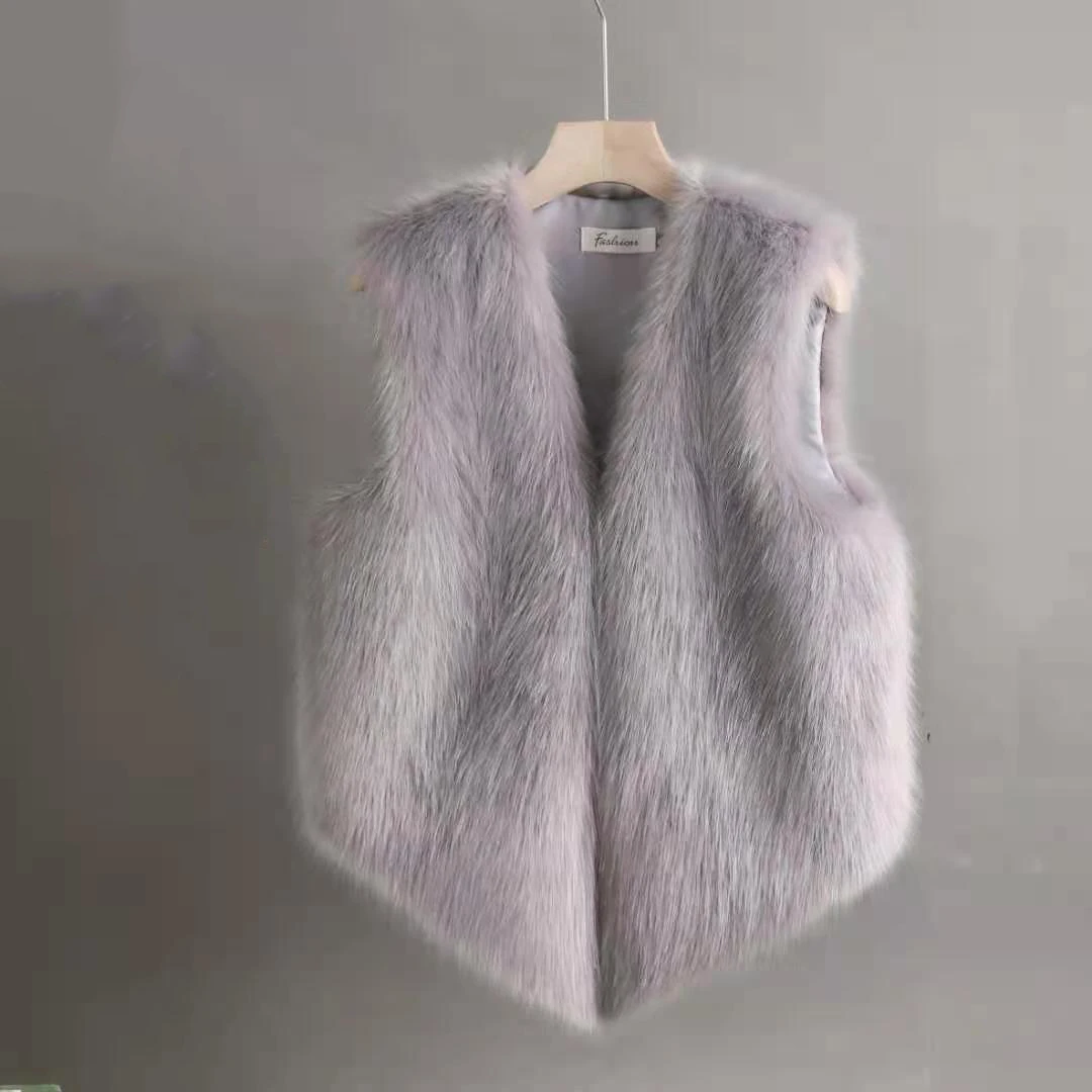 Women Pink Faux Fox Fur Vest 2026 Slim Sleeveless V‑Neck Short Luxury Fluffy Furry Gilet Winter Warm Waistcoat Outerwear
