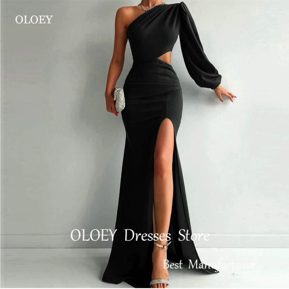 

OLOEY Black Mermaid Evening Dresses Arabic Women One Shoulder Puff Long Sleeve Split Cut-Out Waist Formal Party Dress