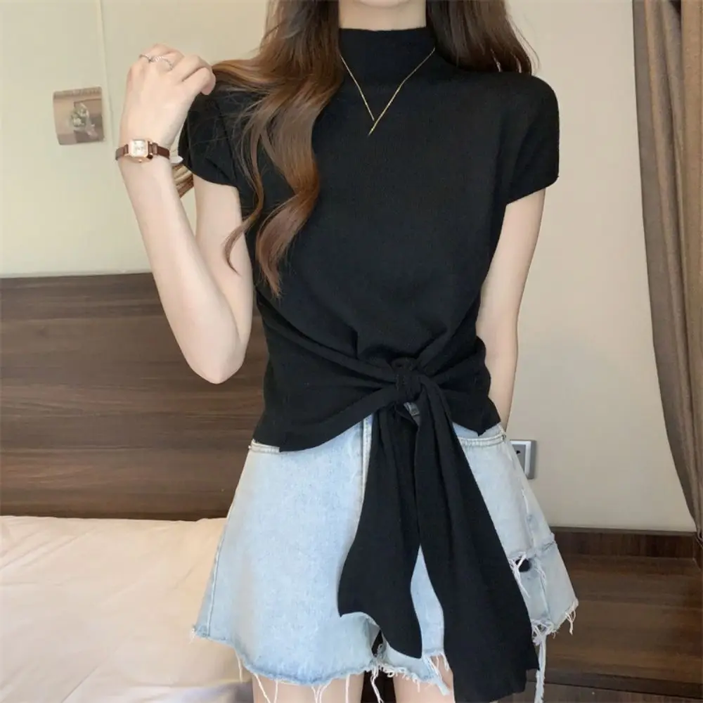 

Cute Lace Up Short Sleeve T-shirt Kintwear Chic Y2K Crop Top Women Simple Bottoming Shirt Half High Collar Tees Top Streetwear