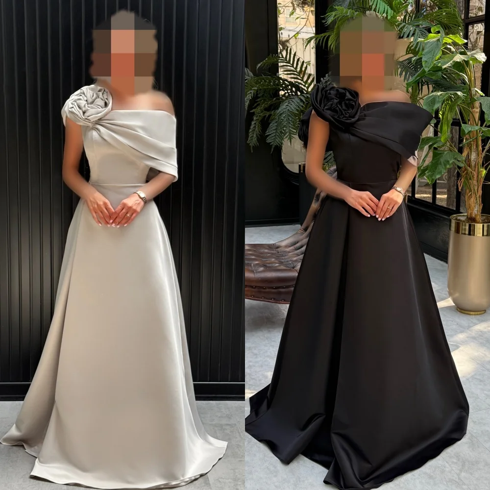 

Customized Modern Style Fashion Charmeuse Handmade Flower Draped A-line Off-the-shoulder Long Dresses Bespoke Occasion Dresses