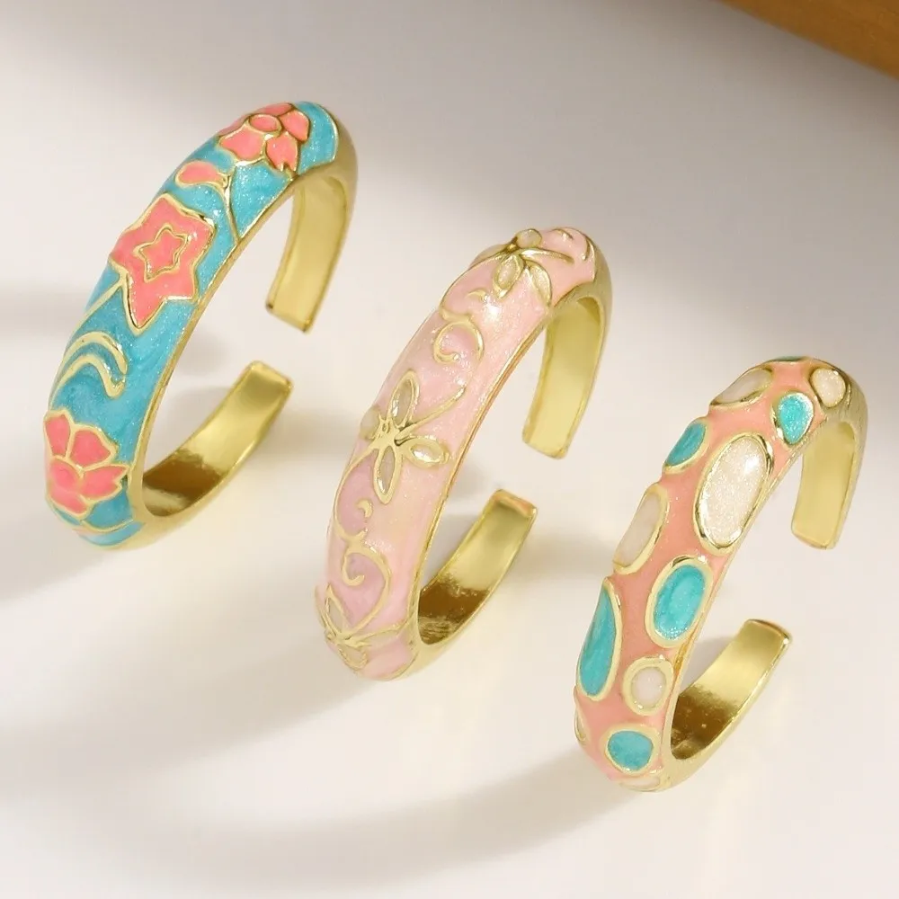 Fashion Chinese Style Drip Oil Ring Vintage Colorful Enamel Statement Ring Ethnic Adjustable Floral Pattern Ring Engagement